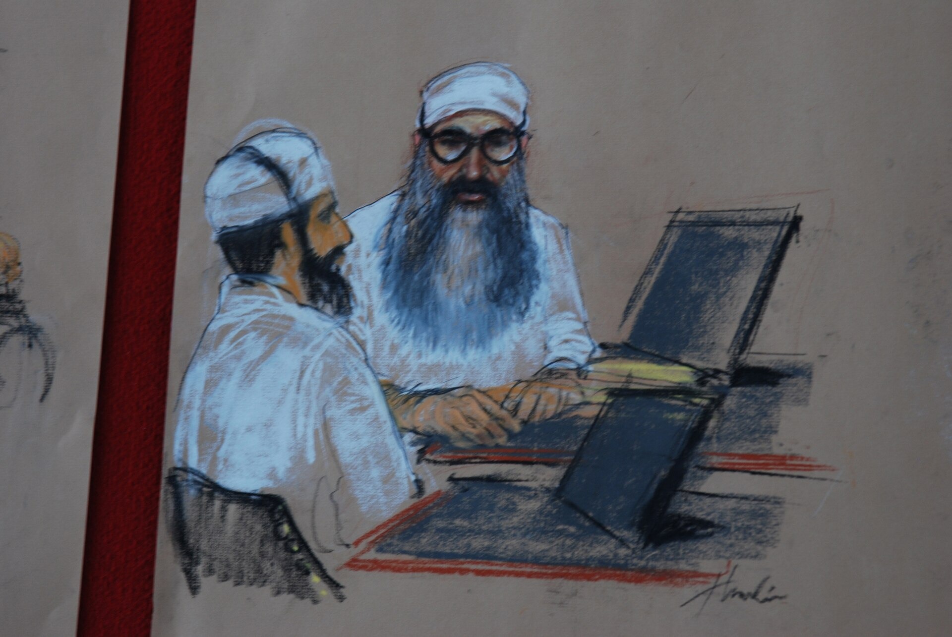 Courtroom sketch of Khalid Sheikh Mohammed at a Guantanamo Bay hearing