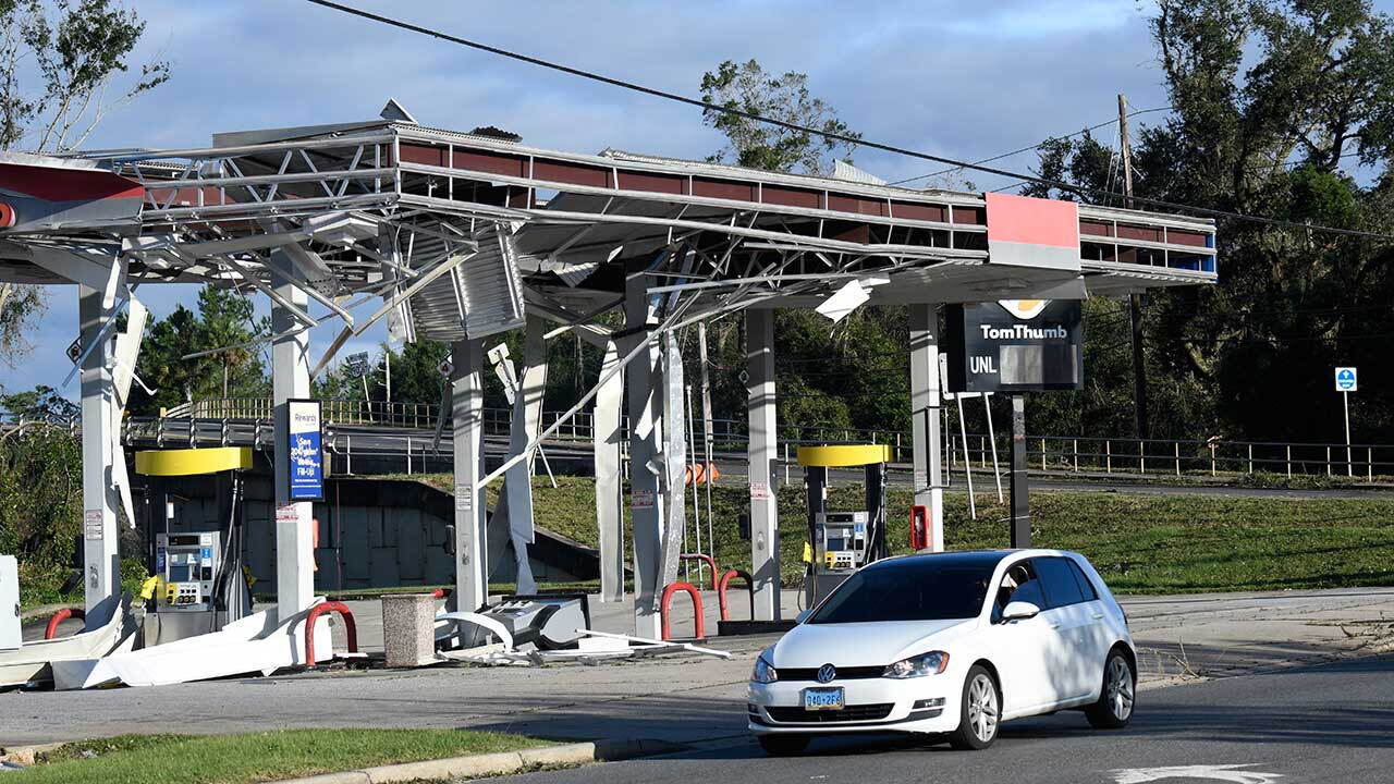 Gas station canopy torn off by Hurricane Isaias in East Milton, Florida