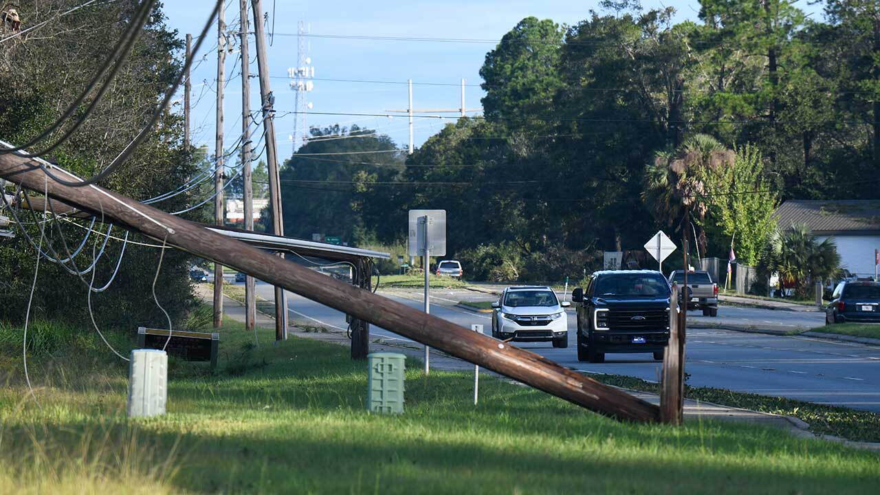 Downed utility pole in East Milton, Florida after Hurricane Isaias