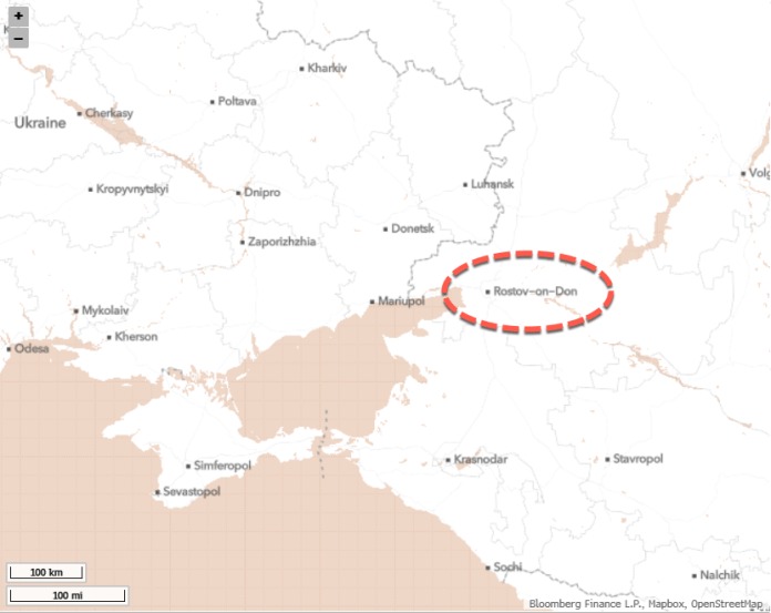 Map showing Rostov-on-Don, location of the NZNP fuel terminal struck by Ukrainian drones