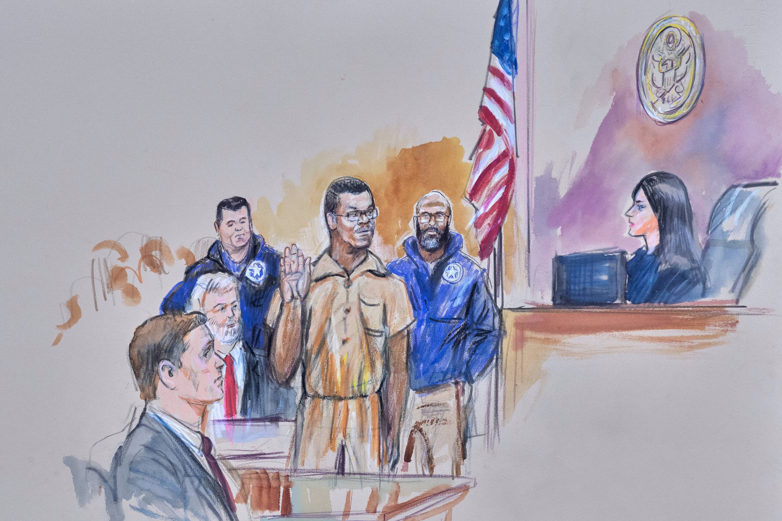 Courtroom sketch of Brian Cole Jr. being sworn in